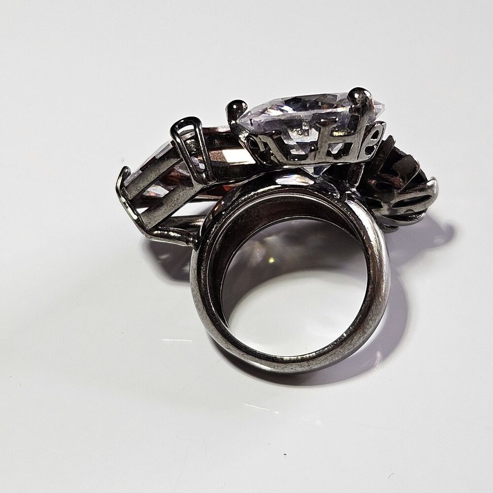 Henri Bendel Triple Crystal Cocktail Statement Bling Ring Size 7 - Picture 12 of 14